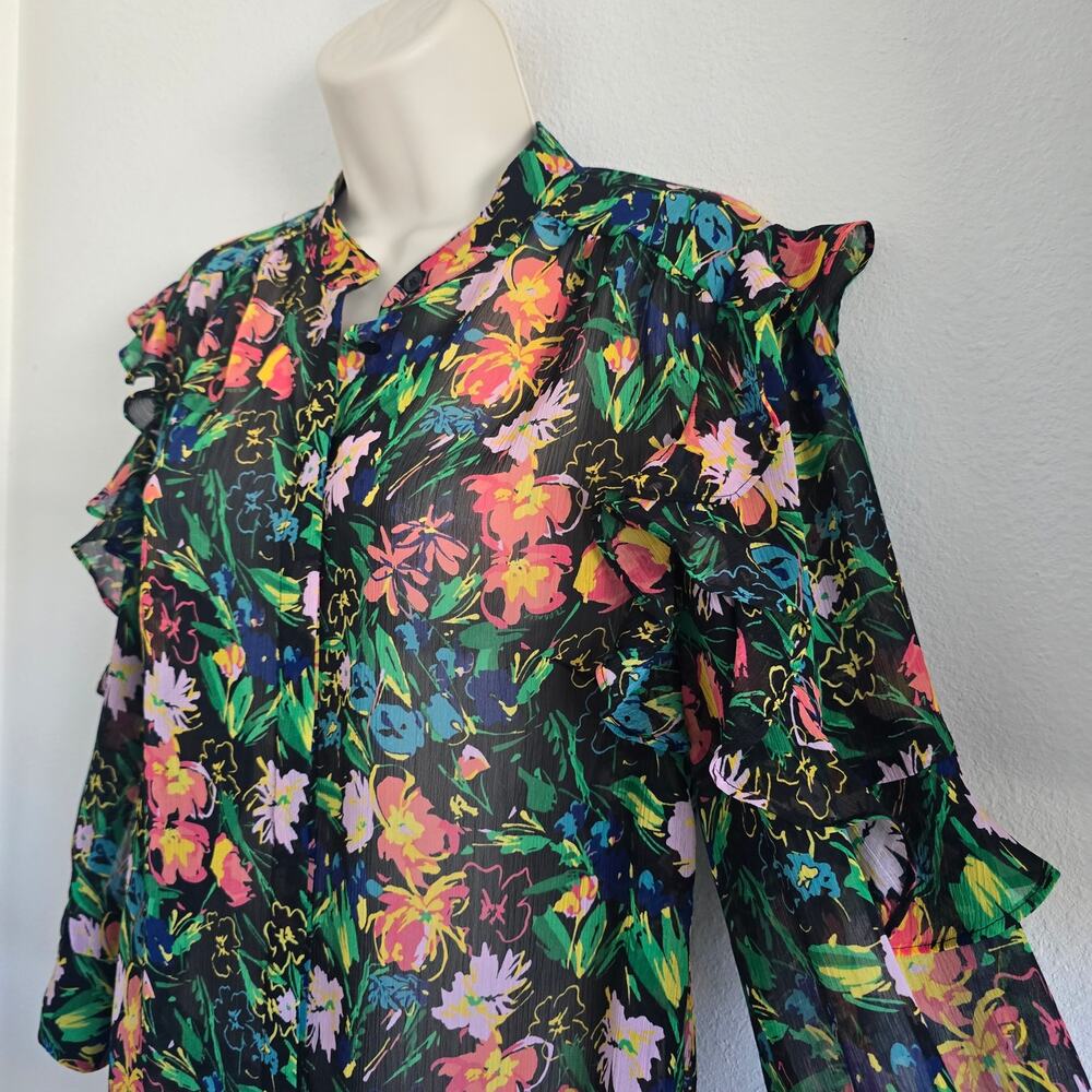 Ted Baker Semi-Sheer Floral Ruffle Blouse Top Size US 6 (Tag size 2) Black - Picture 4 of 9
